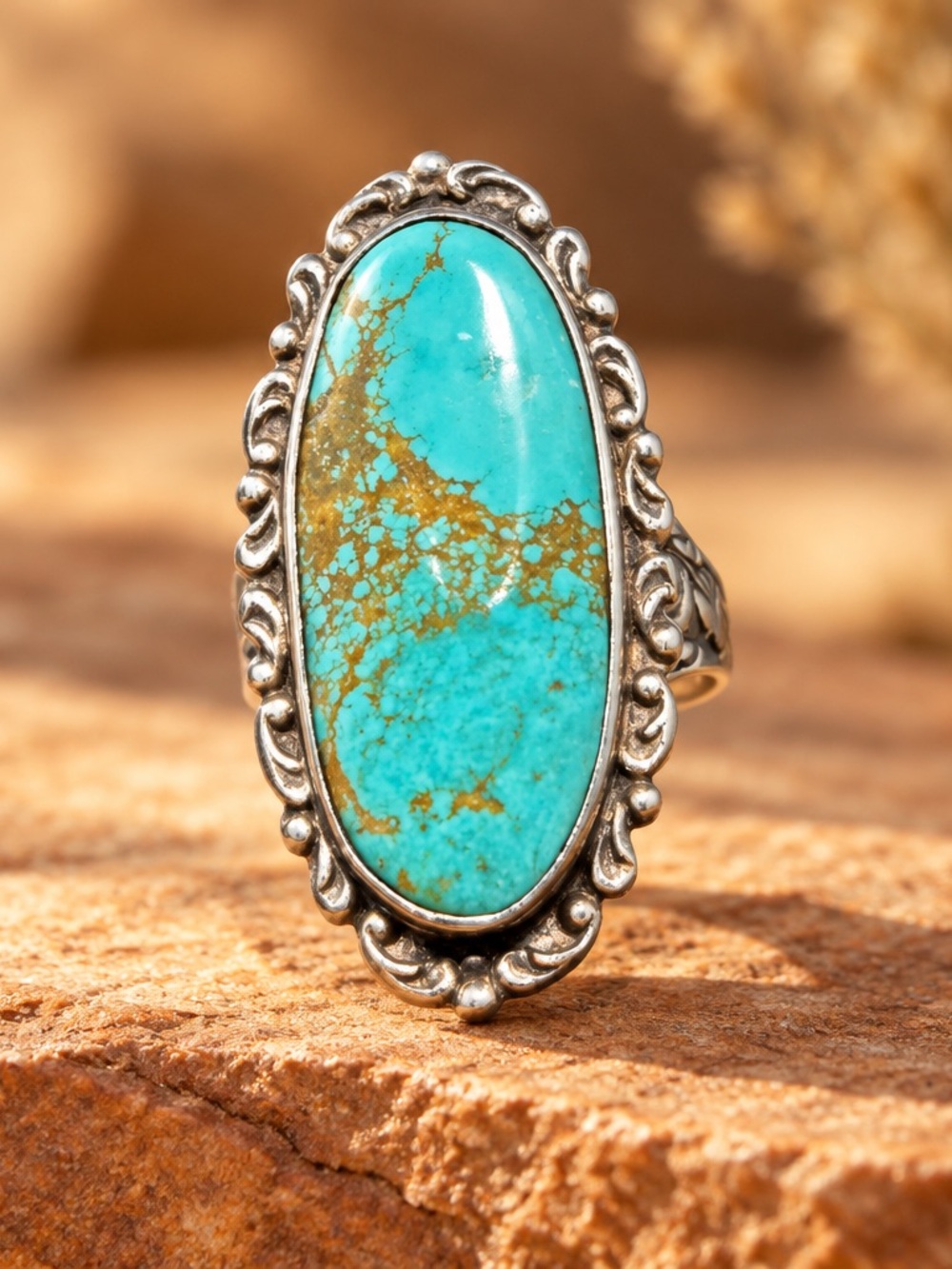 Oval Turquoise Statement Ring in Sterling-Style Setting